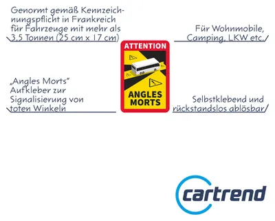 Produktbild von CARTREND Caravan Toter-Winkel-Aufkleber, Angles Morts, Sicherheitsaufkleber für Busse und Wohnmobile, selbstklebend, 3 Stück, rot, gelb, weiß, schwarz