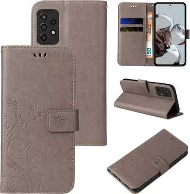 Produktbild von Handyhülle für Samsung Galaxy A72 Floral Blumen Schmetterling Flip Cover Hülle Case Klapphülle Handytasche Farbe: Grau