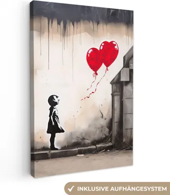 Produktbild von MuchoWow® - Leinwandbilder - Kunst - Mädchen - Luftballons - Herz - Grau, Wandbild, Wanddeko Bilder Wohnzimmer, 40x60cm