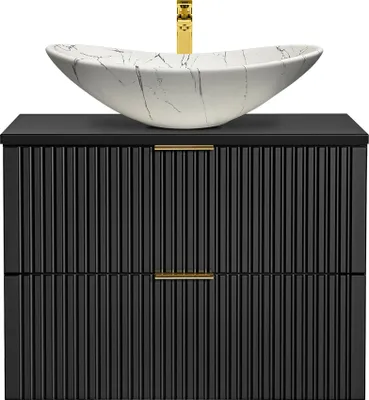 Produktbild von Badezimmer Waschtisch, 81cm, matt schwarz gerillt mit Keramik-Waschbecken weiß marmoriert ADELAIDE-56-BLACK, B/H/T ca. 80,6/74,2/46,5 cm