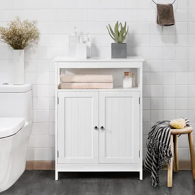 Produktbild von Freistehender Badezimmer-Schrank mit verstellbarer Ablage und doppelter Tür, freistehender Schrank für Küche, weiß, 60 x 30 x 80 cm