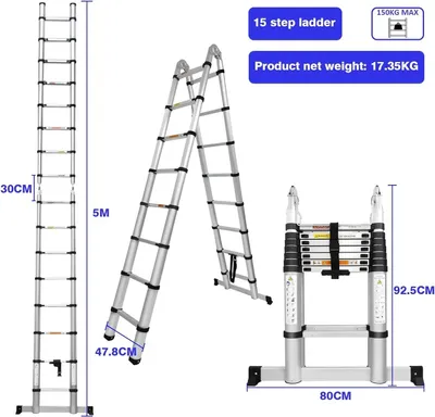 Image de Échelle télescopique - en A - hauteur maximale 5 m - 16 échelons au total (8+8), 2,5 m+2,5 m - espacement des échelons 30 cm - capacité de charge 150 kg - acier inoxydable et ABS