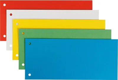 A stack of colorful paper dividers for a binder.
