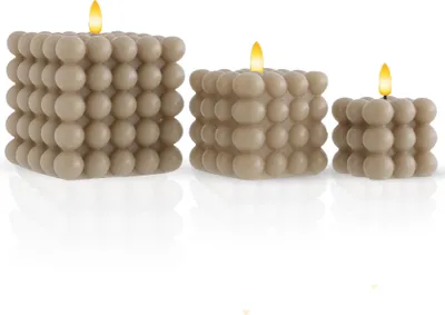 Produktbild von Meisterhome LED-Kerzen Set 3er – Bubble Design, Timer, 12/9/7,5 cm – Warmweißes Flackerlicht – Sicher & Dekorativ, Farbe:Beige