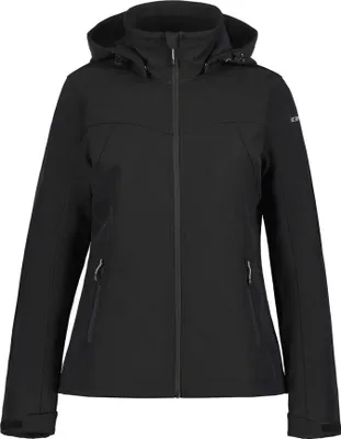 A black women's softshell jacket with a hood, shown front-on against a white background.