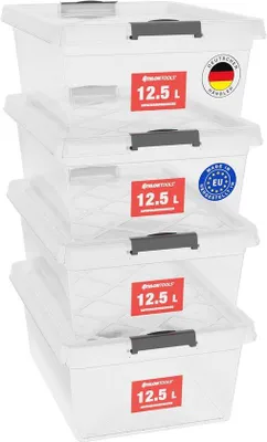 Obrázok produktu pre Priehľadné úložné boxy s vekom, stohovateľné, sada 4 ks, vhodné na potraviny, na oblečenie a hračky