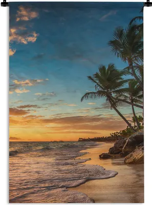 Produktbild von MuchoWow® Wandteppich Wandbehang Strand - Sonnenuntergang - Meer - Palme 90x135 cm Tapisserie Dekoration Wandtuch - Baumwolle - Wandskulptur
