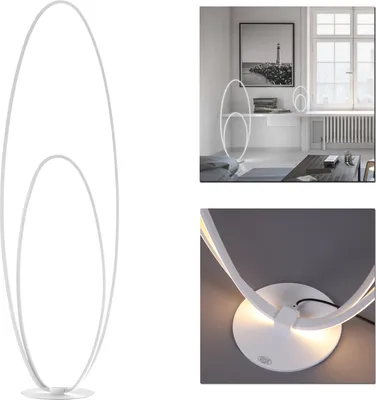 A collage of images showing a modern white LED floor lamp with a circular design, including a full product shot, a lifestyle shot in a room, and a close-up of the base.