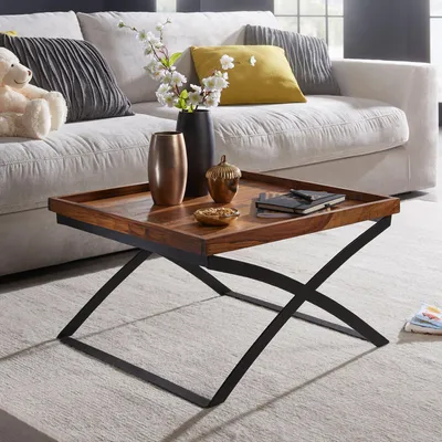 Immagine prodotto di FineBuy tavolino FB50967 63x39x63cm in legno massiccio di sheesham / metallo tavolo da divano tavolo da salotto stile industriale tavolo da salotto marrone / nero