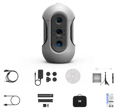 Zdjęcie produktu dla skaner 3DMakerpro Mole 3D 15-1500 mm, dokładność 0,05 mm, rozdzielczość 0,1 mm z soczewkami przeciwwstrząsowymi, zestawem obrotowym, statywem, zestawem kolorów, torbą transportową