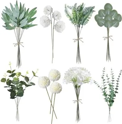 Produktbild von 55 Stück Künstliche Zweige & Kunstblumen, Weiß Blumen Blätter Künstlich Dekozweige, Kunst Blumen Kunstblumenstrauss Eukalyptus Hortensien für DIY Blumenstrauß Brautstrauß Hochzeit (55, Weiß)