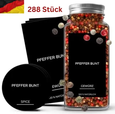 Obrázek produktu pro Štítky 288 kusů štítků na koření samolepicí, samolepky na koření vodotěsné štítky na skladování (černé) štítky na koření na sklenice