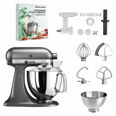 Produktbild von KitchenAid 4,8 L 5KSM175 Artisan Küchenmaschine Pastrylover mit Kunststofffleischwolf+Spritzgebäckvorsatz und Patisserie Buch Medaillon Silber
