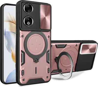 Produktbild von Handyhülle für Honor 90 5G Dual-Layer Stoßfest Rüstung Hülle mit Dia Kameraschutz und Kreisförmig Ring Ständer Roségold