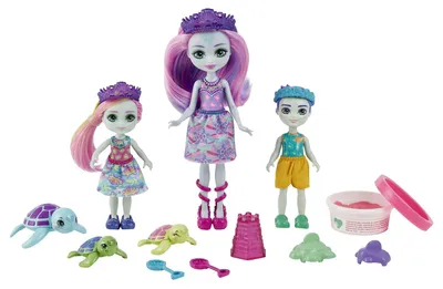 Produktbild von Royal Enchantimals Große Meeresschildkröten Familie, Puppe Tinsley Turtle (ca. 15 cm) mit kleinen Geschwisterpuppen (ca. 10 cm) und 3 Wasserschildkröten-Tierfiguren