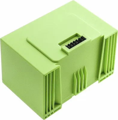 A light green battery pack for an iRobot Roomba.