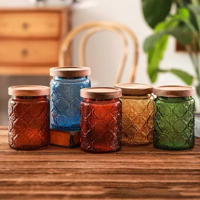 Produktbild von Luftdichter Glasbehälter mit Holzdeckel - 700 ml farbige Mason Jar für Süßigkeiten, Kaffee und Tee