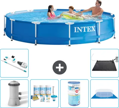 Produktbild von Intex Rundrahmen-Schwimmbecken – 366 x 76 cm – Blau – inklusive Pumpe Wartungspaket - Filter - Bodenplane - Staubsauger - Solarmatte