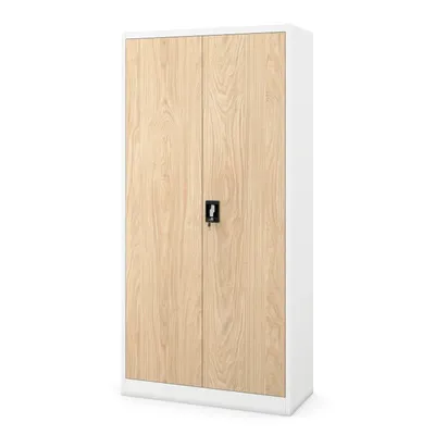Produktbild von Jan Nowak Aktenschrank Mehrzweckschrank Stahlblech Weiß/Holzoptik Pulverbeschichtung, 185x90x40 cm, C001, mit 4 höhenverstellbaren Fachböden, abschließbar, 50 kg Belastbarkeit pro Fachboden, verstärkte Flügeltüren, 110° Öffnungswinkel, 0.6mm Materialstärke.