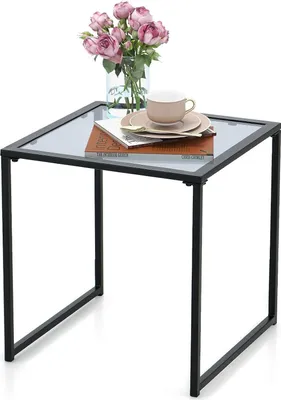 Produktbild von GOPLUS Gartentisch klein, 43cm Beistelltisch Outdoor aus gehärtetem Glas & Metall, quadratischer Kaffeetisch, Balkontisch Bistrotisch, Platzsparend