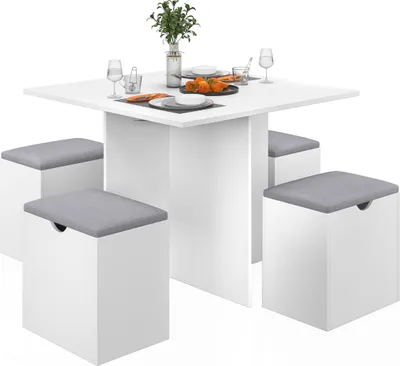 Produktbild von Mondeer 5-teilig Essgruppe Esstisch-Set Esszimmertisch mit Aufbewahrungshockern Weiche Kissen Sitzgruppe