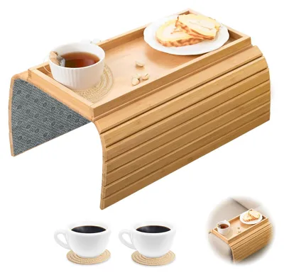 Produktbild von Bambus-Serviertablett mit Untersetzern - Klappbarer Armlehntisch für Snacks