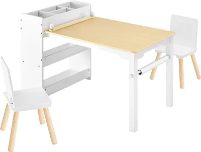 Immagine prodotto di SucceBuy tavolo per bambini con 2 sedie e mobile contenitore a 3 piani, set da tavolo per bambini per dipingere, leggere, scrivere e imparare, gruppo di sedute per la stanza dei bambini, tavolo da lavoro e da gioco, bianco