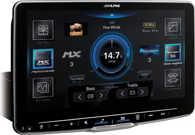 A close-up of an Alpine car stereo system's touchscreen interface, displaying audio settings and system information.