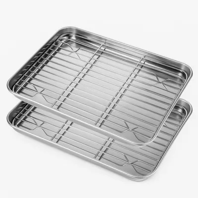 Immagine prodotto di Gardenko Set 2 teglie da forno con griglia 26x20x2,5 cm in acciaio inox 304 (18/8), per cottura, raffreddamento e decorazione di biscotti e muffin