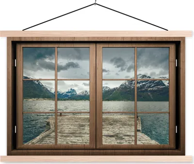 Produktbild von MuchoWow® Textilposter Aussicht - Wasser - Berge 60x40 cm mit holzfarbenen Rahmen - Bilder
