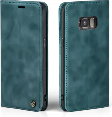 A teal flip case for a Samsung Galaxy S8 is shown from two angles.