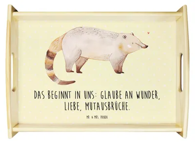 Produktbild von Mr. & Mrs. Panda Deko Tablett Nasenbaer - Gelb Pastell - Geschenk, Rüsselbär, Snack, Bär, sofatablett, Kaffee, zum servieren, Nasenbär, Serviertablett, Lustige Sprüche