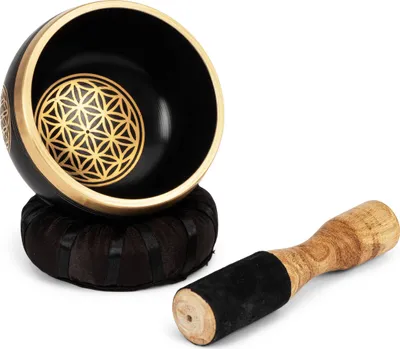 Produktbild von Klangschalenset Blume des Lebens mit Klöppel schwarz gold Meditaions Schale 2670