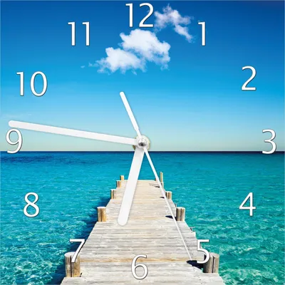 Produktbild von Wallario Design Wanduhr Steg am tropischen Meer aus Echtglas, Größe 20 x 20 cm