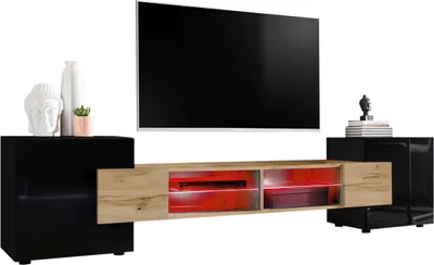 Produktbild von Komodee | TV-Schrank mit 2 Türen Merano | Korpus Schwarz Matt Frontfarbe Schwarz und Wotan, LED RGB