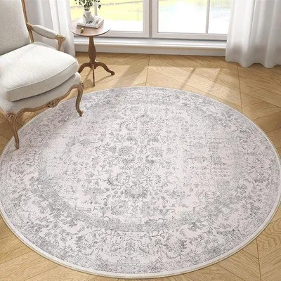 Productafbeelding van Famanu vintage vloerkleed, rond, grijs, 180 cm, antislip, machinewasbaar, geschikt voor keuken, slaapkamer, woonkamer, kantoor