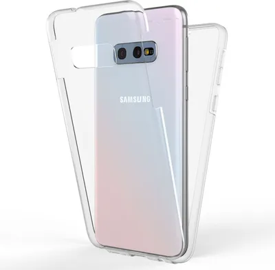 A clear phone case is shown on a white background, with a Samsung phone inside it.