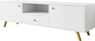 Produktbild von MIRJAN24 TV-Lowboard Siena 160, TV-Schrank mit zwei Drehtüren und Schublade, Metallgriffe in der Farbe Gold (Farbe: Weiß)