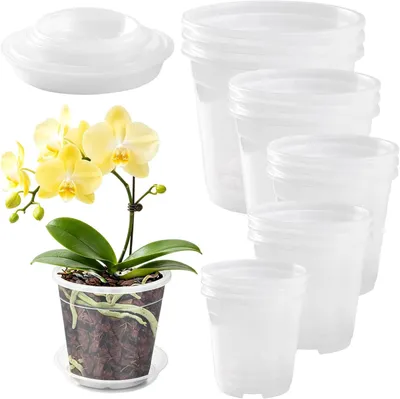 Imagen del producto de Juego de macetas para orquídeas, 15 unidades, 5 tamaños, transparentes, con platillos, para plantas