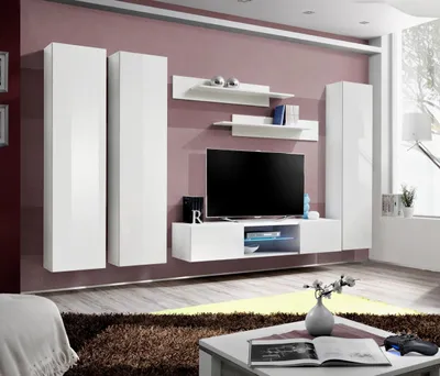 Zdjęcie produktu dla Biały zestaw mebli do salonu Szafka ścienna Kompletny zestaw do salonu Designerski stolik pod telewizor Drewno