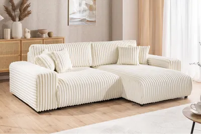 Produktbild von Mollis - Ecksofa mit Schlaffunktion und Bettkasten aus Hellbeige Plüschcord mit schöner Sitzkomfort