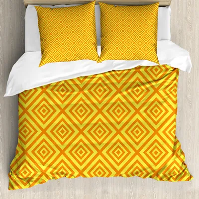 Obrázek produktu pro ABAKUHAUS Oranžovo-žlutá sada povlečení, geometrický vzor s pruhy a kosočtverci, 155 x 220 cm + 80 x 80 cm, oranžová a žlutá