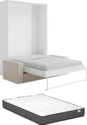 Produktbild von Schrankbett - 140 x 200 cm - Manuelles vertikales Öffnungssystem - Weiß + Matratze + Sofa - BEGANIO