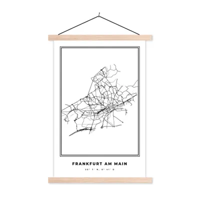 Produktbild von MuchoWow® Textilposter Stadtplan - Deutschland - Schwarz-weiß - Frankfurt am Main - Karte 60x90 cm mit holzfarbenen Rahmen - Textil