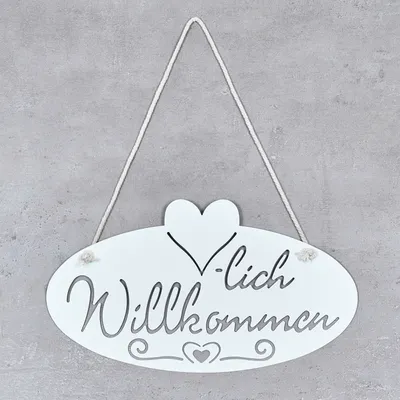 Produktbild von Schild Willkommen Herz 28,5x16cm Garten-Deko Türschild Weiß Wandbild Aufhänger