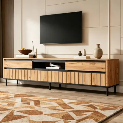 Produktbild von MODFU TV Lowboard 180cm,TV-Schrank mit 2 Schubladen und 2 Klapptüren,Fernsehbank für 75 Zoll,TV-Regal im Eichenoptik mit Lamellenfront