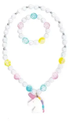 Produktbild von Kinder Einhorn Schmuck Set Halskette und Armband weiß-pastell