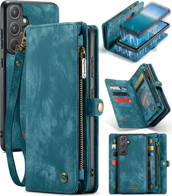 Produktbild von Schutzhülle für Samsung Galaxy A55, Vintage Multifunktions Lederhülle, Kartenfächer, Reißverschluss Hülle Blau