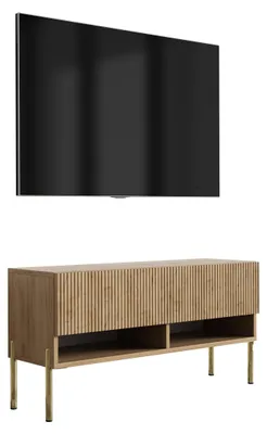 Image de Meuble TV avec façade rainurée, chêne Craft, pieds droits dorés, 100 × 32 × 52 cm