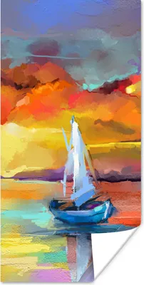 Produktbild von MuchoWow® Poster Malerei - Ölfarbe - Boot - Farben 60x120 cm - Wandschmuck
